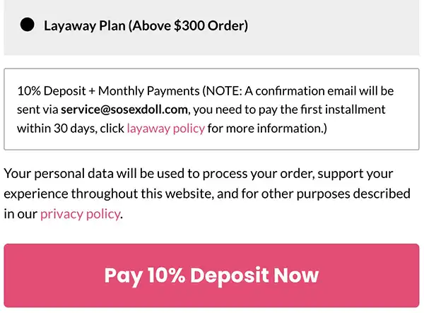 sex doll layaway payment plan