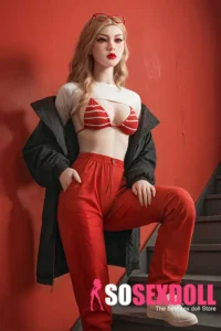 148cm 4ft9 TPE Small Breast Blonde Hair Sex Doll #225 Head in Red Sporty Streetwear