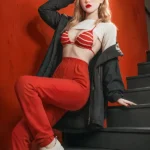 148cm 4ft9 TPE Small Breast Blonde Hair Sex Doll #225 Head in Red Sporty Streetwear