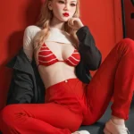 148cm 4ft9 TPE Small Breast Blonde Hair Sex Doll #225 Head in Red Sporty Streetwear