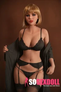 151cm 4ft9 TPE Busty Slim Waisted Blonde Hair Sex Doll in Black Lingerie and Stockings