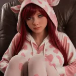 151cm 4ft9 TPE Massive Boob Seductive Figure Red Hair Sex Doll in Cow Print Pajamas