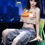 157cm 5ft2 TPE Busty Slender Waist Black Hair Sex Doll 228 Head with Crop Top Loose Jeans