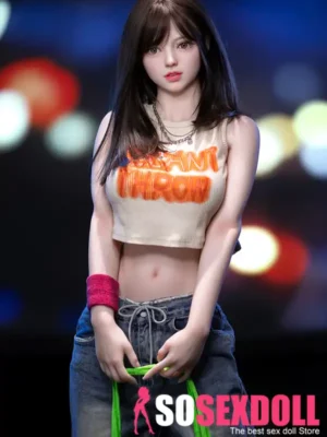 157cm 5ft2 TPE Busty Slender Waist Black Hair Sex Doll 228 Head with Crop Top Loose Jeans