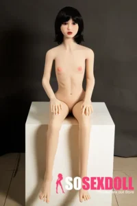 158cm 5ft2 TPE Flat Breast Black Hair Asian Sex Doll in Light Blue Kimono with Gentle Charm