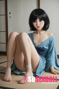 158cm 5ft2 TPE Flat Breast Black Hair Asian Sex Doll in Light Blue Kimono with Gentle Charm
