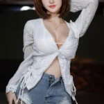 158cm 5ft2 TPE Seductive Bust Black Short Hair Sex Doll 224 Head in White Crop Top