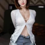 158cm 5ft2 TPE Seductive Bust Black Short Hair Sex Doll 224 Head in White Crop Top