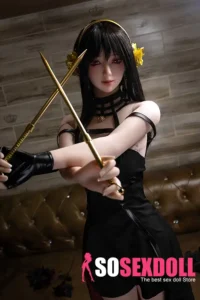 158cm 5ft2 TPE Slender Black Hair Anime Style Sex Doll with Floral Ornament