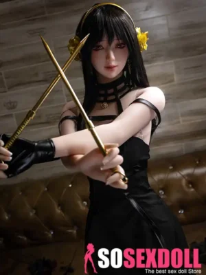 158cm 5ft2 TPE Slender Black Hair Anime Style Sex Doll with Floral Ornament