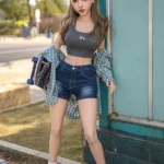 150cm 4ft9 Full Silicone Checked Clothes Perky Chests Sex Doll