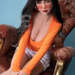 161cm 5ft3 Black Hair Glasses Sex Dolls Orange Outfit Sexy Dolls F Cup