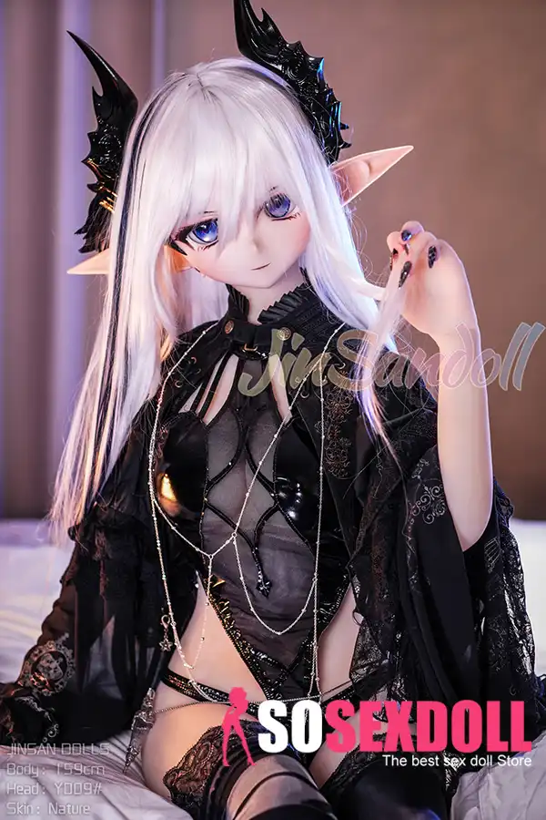 159 cm (5 Fuß 2 Zoll) große TPE-Anime-Dunkelelfen-Sexdoll mit zierlicher Brust, silbernem Haar und Kopf #Y008